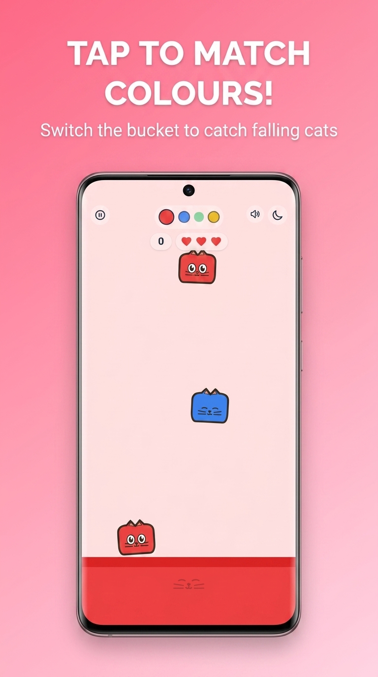 Kitty Match colour-matching gameplay with red and blue cats and a red catcher